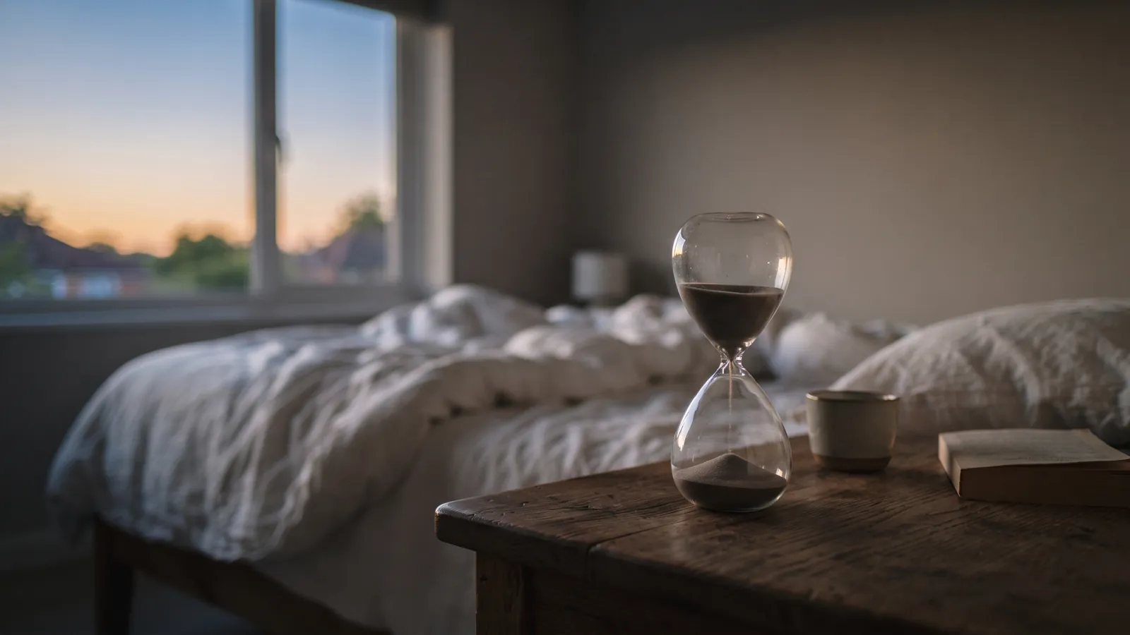 An hourglass on a wooden bedside table at dawn, its sand still running, with an unmade bed and a window of blue and amber sky blurred behind it.