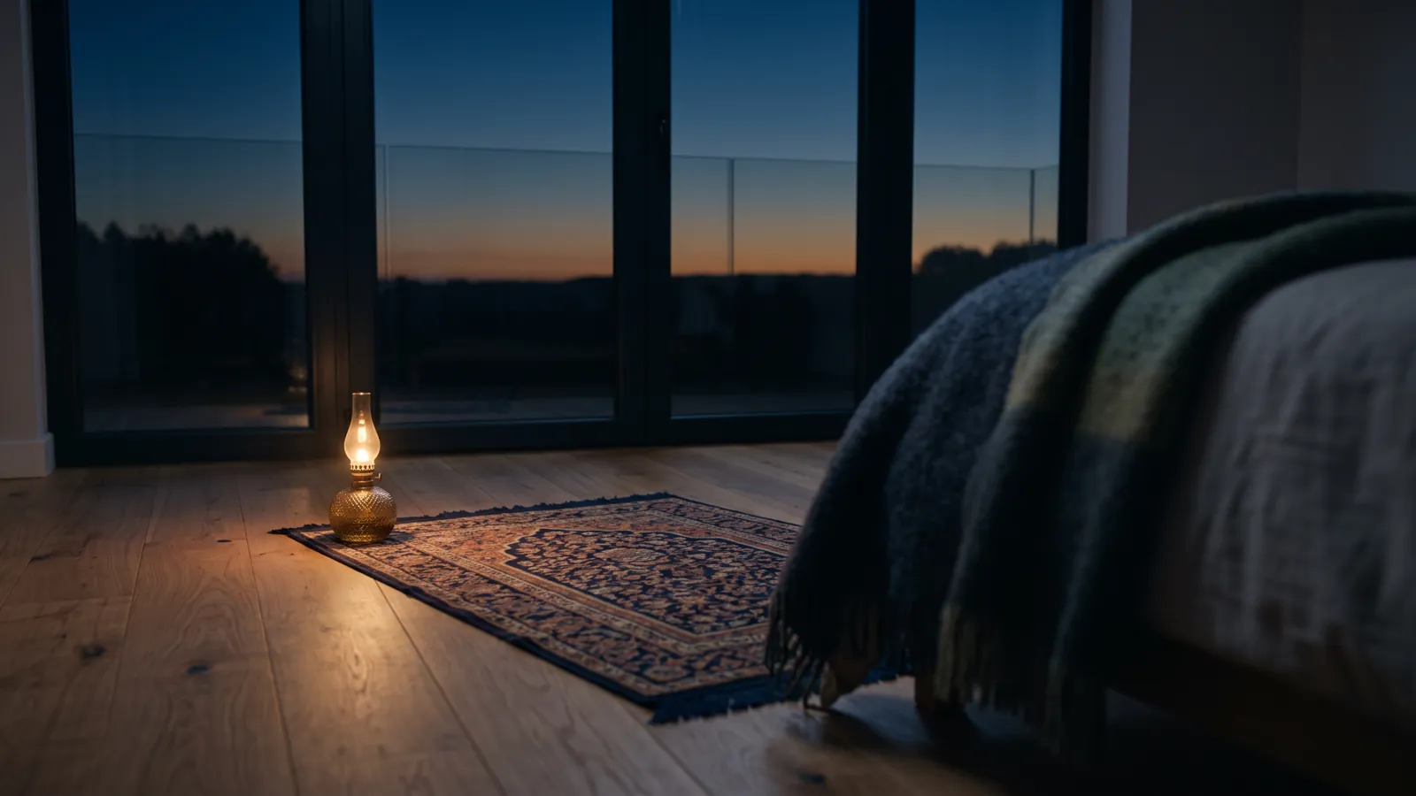 A small oil lamp glowing beside a prayer rug on a wooden floor before tall windows, the sky outside deep blue with a thin band of amber on the horizon, and the edge of a bed with a wool blanket in the foreground.